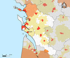 Map of attraction areas of cities in Charente-Maritime, France, highlighting Royan, 2020