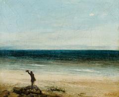 painting of a man standing by the sea waving his hat