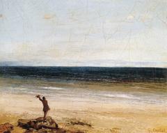 Gustave Courbet's 'The Sea at Palavas' painting featuring a lone figure facing the sea