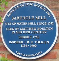 Blue plaque at Sarehole Mill in Birmingham commemorating J. R. R. Tolkien and Matthew Boulton