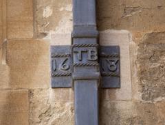 Bodleian Library drainpipe with ornate design and coat of arms