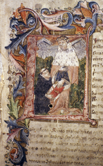 Historiated initial from John Capgrave's Commentary on Exodus showing Capgrave presenting his manuscript to Humphrey, Duke of Gloucester