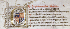 Historiated initial showing coat of arms of Humphrey, Duke of Gloucester