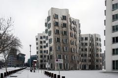 Der Neue Zollhof buildings with a twisted appearance in pictures