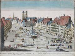 Prospectus magni mercatus versus Ecclesie B.V.M at Marienplatz in Munich, colored copper engraving by G.B. Probst circa 1760