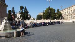 Tourists under the shade of the obelisk in Piazza del Popolo, Rome