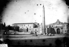 Obelisk of Ramesses II at Piazza del Popolo in Rome, black and white