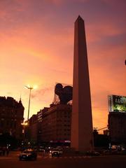 Obelisk of Buenos Aires in Argentina with surrounding buildings and blue sky