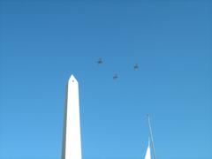 A-4AR aircrafts of the Argentine Air Force over 9 de Julio Avenue near the Obelisk in Buenos Aires