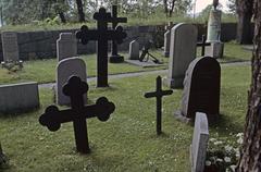 Djurgården Galärkyrkogården in the early 1970s with graves and church environment