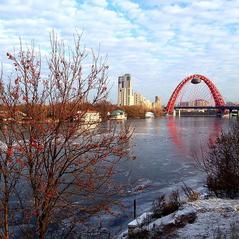 Cable-stayed bridge with a flying saucer in Serebryany Bor