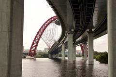 Zhivopisny Bridge in Moscow over the Moscow River with its striking red arch