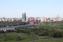 Krylatskie Hills with a cycling track, Zhivopisny Bridge, Moscow River, and Krylatskaya Floodplain