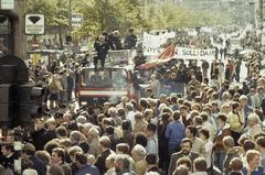 Firefighters and civil servants demonstrating in Amsterdam on the Dam against salary cuts on November 5, 1983