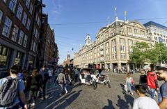 Amsterdam Dam Square view with Damrak, Beurs van Berlage, and Bijenkorf