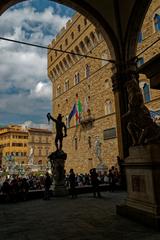 View from the backbench of Piazza della Signoria in Florence showcasing statues including Cosimo I, Neptune, Perseus with Medusa's Head, David, and the Rape of Polyxena