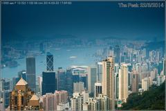 Panoramic view from The Peak in Hong Kong showcasing the city's skyline and surrounding landscape