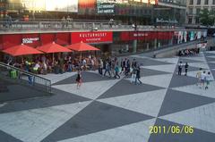 People strolling at Sergels Torg on a warm Monday evening, Sweden's National Day