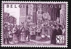 Commemorative stamp depicting the procession of priests with the relics of Saint Albertus of Leuven, followed by Cardinal Van Roey and Belgian bishops with boys carrying their coats of arms.