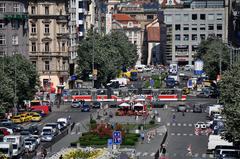 Wenceslas Square in Prague with a tram in the foreground