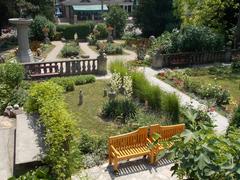 Bory Castle garden with an ornate concrete well in Szekesfehervar, Hungary