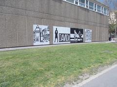 Mural on the south facade of Jenő Bory branch school in Székesfehérvár featuring Kornél Dávid and Bory Castle