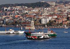 Istanbul Maiden's Tower on Bosphorus Strait with a ship