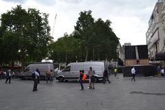 Aerial view of Leicester Square with people walking and relaxing in a public square