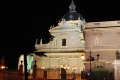 Panoramic view of Madrid with landmarks like Royal Palace and Almudena Cathedral