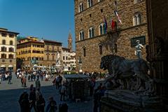 View of Piazza della Signoria in Florence from Loggia dei Lanzi with Flaminio Vacca's Lion sculpture