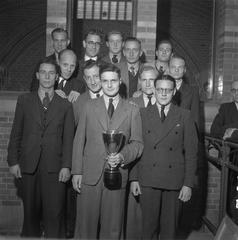 Trophy presentation to the Koopmansbeurs football team in Amsterdam, 1945