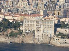 Aerial view of the Cote d'Azur coastline with clear blue waters and rugged landscape