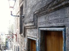 Historical building with Gothic architectural elements on the Royal Mile in Edinburgh, dated 1544