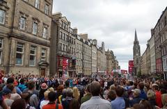 The Royal Mile in Edinburgh bustling with tourists on a sunny day