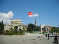 Main entrance gate of Istanbul University on Beyazıt Square with Beyazıt Tower in the background