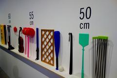 Measuring exhibit at 21_21 Design Sight showing various lengths of fly swatters and a toy hammer