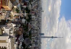 Aerial view of Hanayashiki Amusement Park with Tokyo Skytree in the background