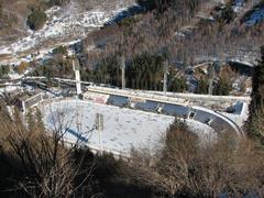 Medeo ice rink in Almaty, Kazakhstan with mountainous backdrop