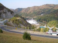 Medeu ice skating rink viewed from the anti-mudflow dam