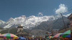 Kedarnath Temple with mountain backdrop on a clear day