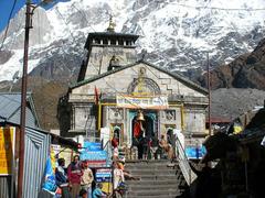 Kedarnath Temple with snow-capped mountains in the background