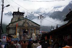 Kedarnath Temple with snowy mountains in the background