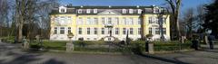 Panoramic view of Schloss Morsbroich in Leverkusen, Germany with Maßlos (Vertikal ROT) by Lutz Fritsch on the extreme left