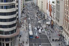 Newly renovated Gran Vía in Madrid with Christmas lights and wider sidewalks