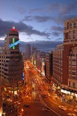 Plaza del Callao and Gran Vía in Madrid at dusk