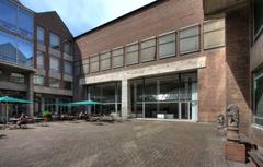 Museum für Angewandte Kunst public courtyard with café and Lochner Fountain in Cologne