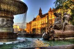 Bernheimer Palais and Wittelsbacher Fountain at sunrise in Munich