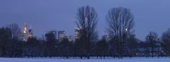 Grüneburgpark in Frankfurt with snowy clearing and Frankfurt skyline in background, December 2005