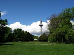 Europaturm tower in Frankfurt seen from Grunerpark