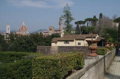 Boboli Gardens panorama with Santa Maria del Fiore, Giotto's bell tower, Dome of Filippo Brunelleschi, Torre Arnolfo and Palazzo Vecchio in Florence